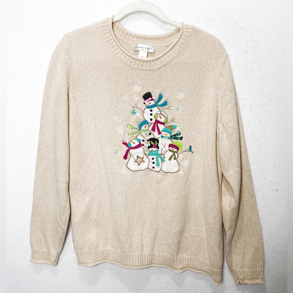 Christopher & Banks Snowman Knit Sweater Cotton Snowmen Holiday Winter Festive